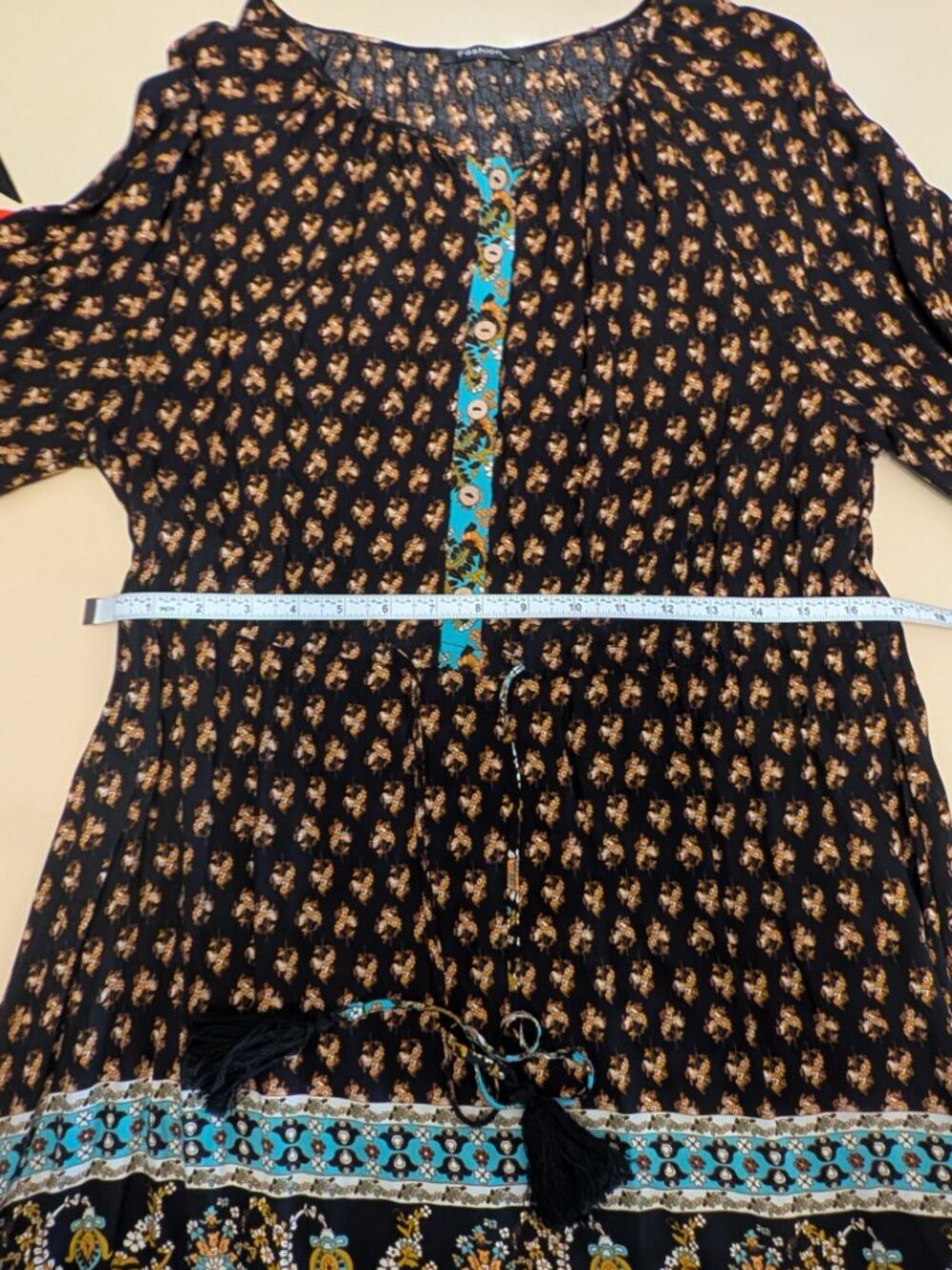 Boho Mini Dress Black Paisley Print L/S Tassel Tie Waist Size XL NWOT - Picture 7 of 12
